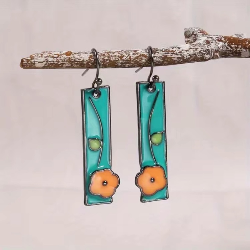 Boho Enameled Bar Earrings with 3D Flower - Blue and Peach